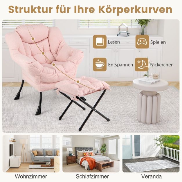 Coast Roze Loungestoel met Armleuningen, Hoofdkussen & Zijvak – Relaxfauteuil met Optionele Voetenbank – Sherpa – Roze