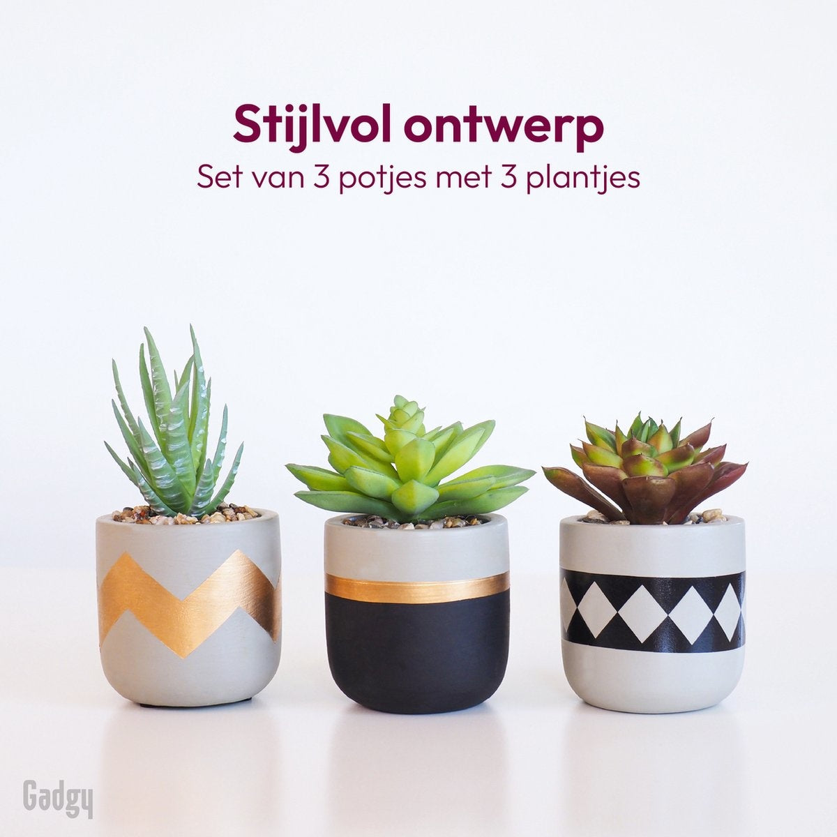 Gadgy Kunstplanten voor Binnen - 3 stuks - Kunst Vetplantjes in Stenen Pot - Nepplant - 13 tot 16 cm