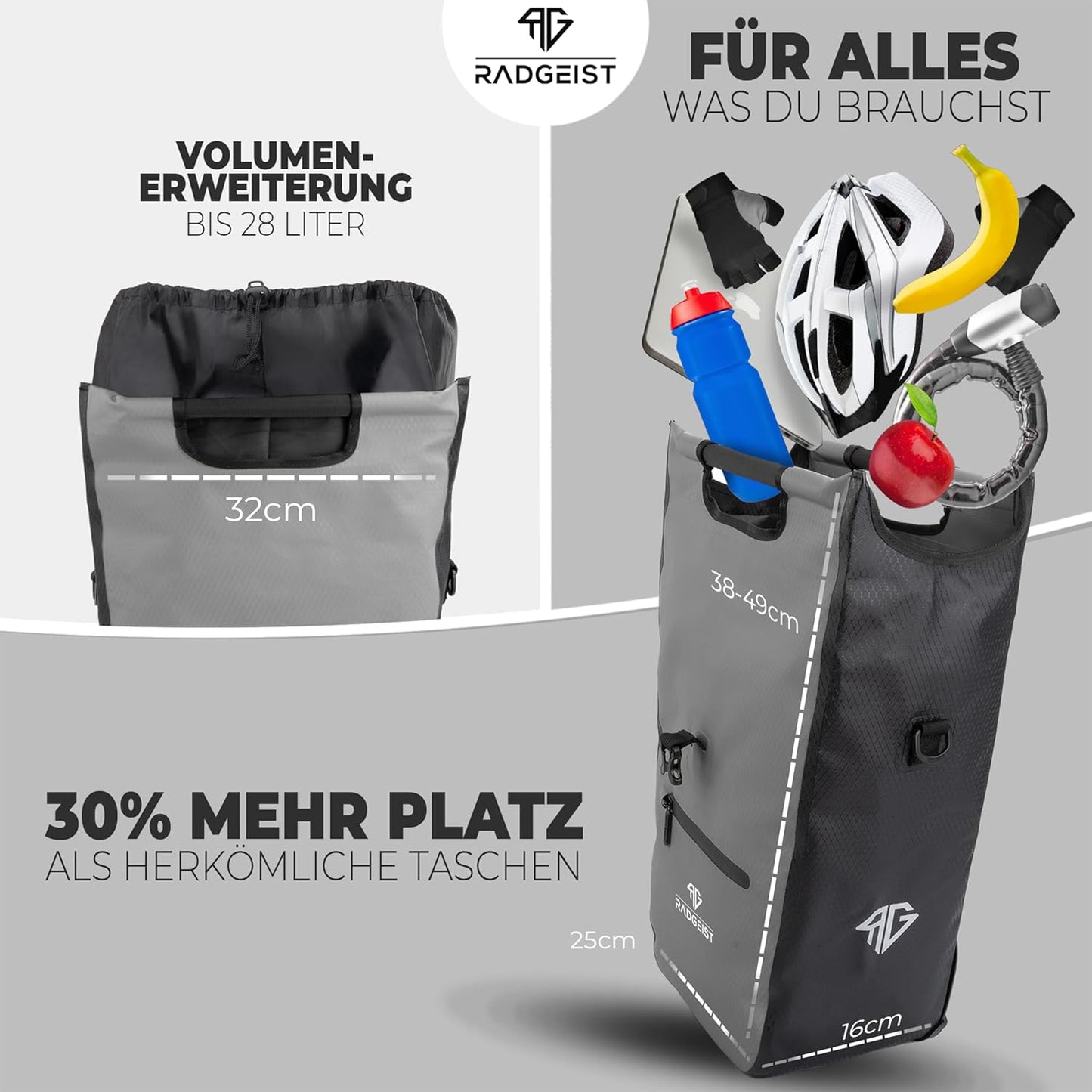 RADGEIST fietstas voor bagagedrager I fietstas shopper met uitneembare koeltas I boodschappentas & boodschappendraagtas 22-28 liter - grijs