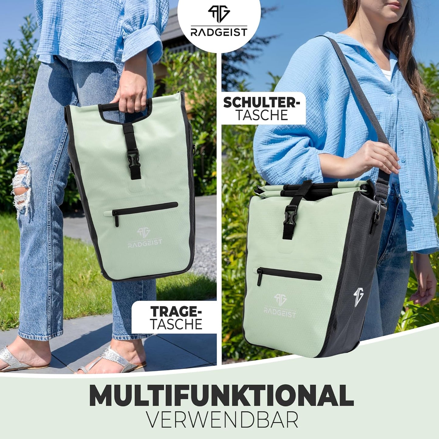RADGEIST fietstas voor bagagedrager I fietstas shopper met uitneembare koeltas I boodschappentas & boodschappendraagtas 22-28 liter - groen