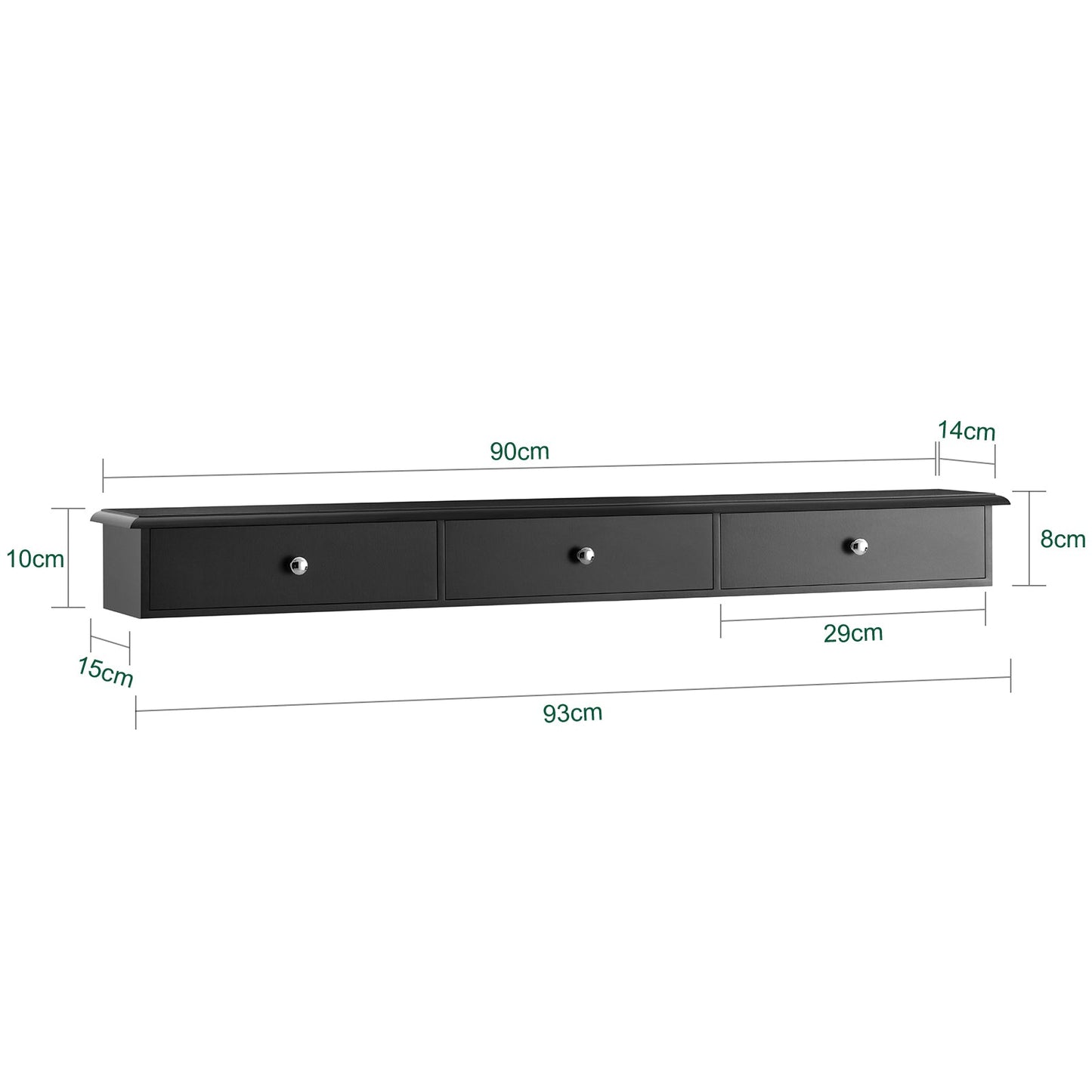 SoBuy Wandkast FRG43-L-SCH - 3 Laden - 93 x 10 x 15 cm - Zwart