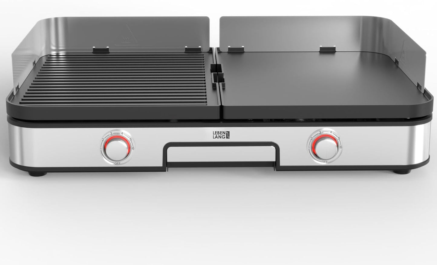 LEBENLANG Elektrische Tafelgrill 2400W – Grijs – 2x Grillplaten (Geribd & Glad) – 55 x 30 cm – Inclusief Grilltang en Spatbescherming – Voor Binnen en Buiten