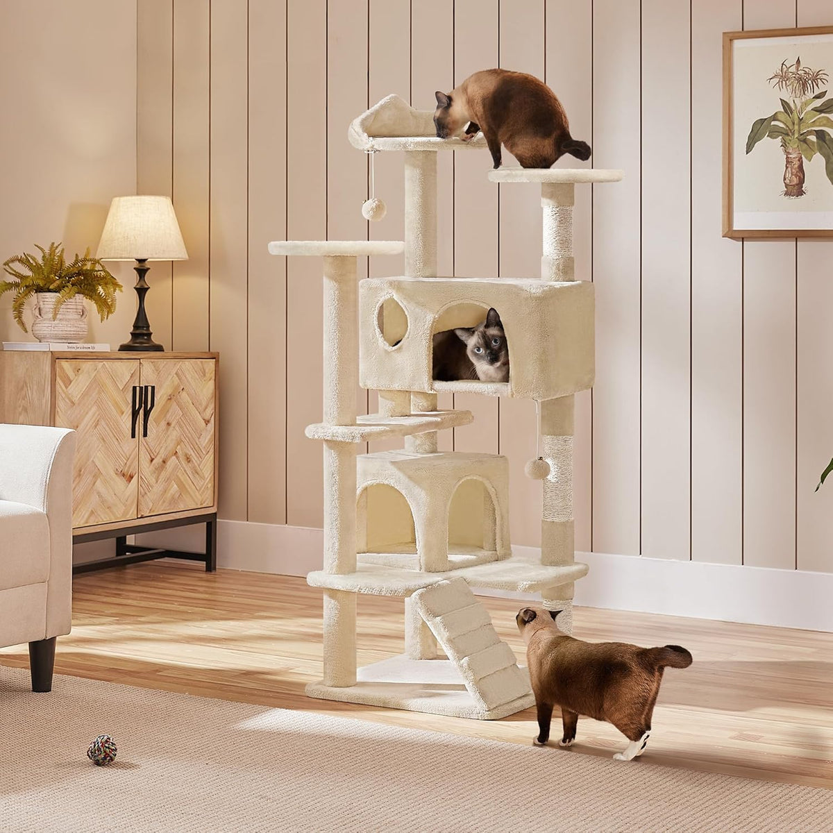 Yaheetech Kattenkrabpaal 137 cm - Beige - 49 x 49 x 137 cm - Met 2 Huisjes, 3 Plateaus en Sisal Speelballen