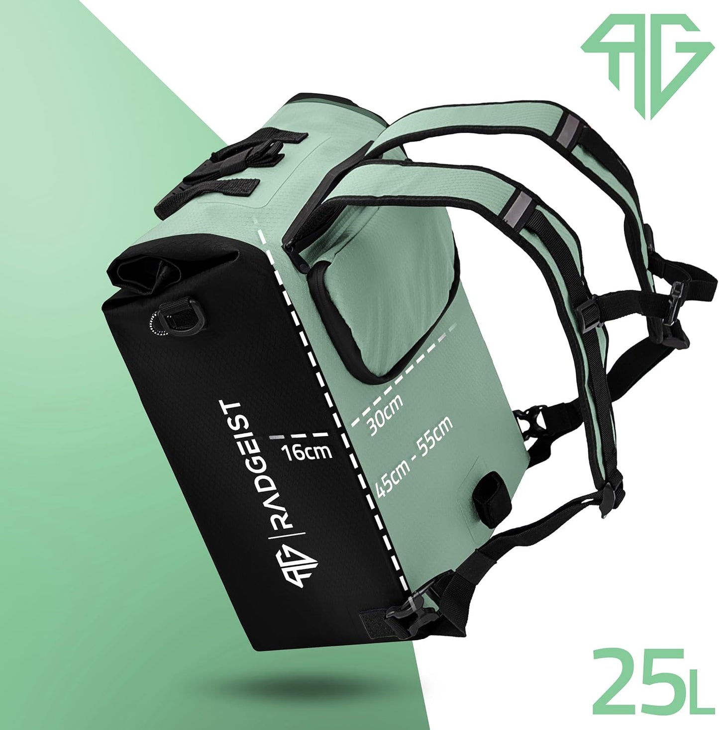 RADGEIST 3in1 fietstas voor bagagedrager - fietsrugzak - draagtas - schoudertas - met laptopvak - waterdicht - 25L - Mint