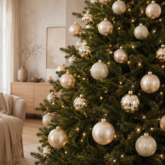 Mica Decorations Kerstballen - 26 Stuks - Kerstversiering voor de Kerstboom - Glimmende en Glitter Ornamenten - Piek en Ballen in Diverse Formaten - Ø7 cm - Crème