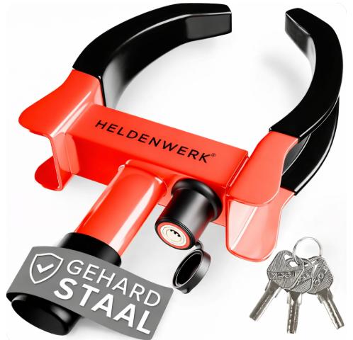 HELDENWERK – Parkklauw & Wielklem – Voor 18-30 cm Bandbreedte – Zwart & Rood Gelegeerd Staal – Met Hoog Veiligheidsslot & 3 Sleutels – Diefstalbeveiliging – Maximaal Veilig