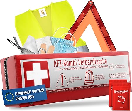 Auto combitas (3 in 1) volgens de huidige norm 2026 - incl. gevarendriehoek, veiligheidsvest - verbanddoos gevarendriehoek set verbanddoos auto DIN 13164:2022 (conform het Duitse verkeer)