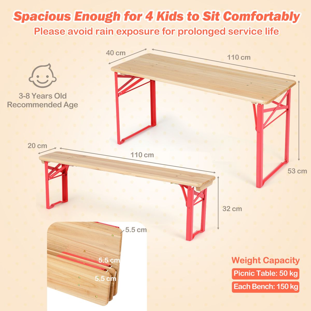 Coast Kinderpicknickset - opvouwbare picknicktafel met 2 banken - vurenhout en metaal - rood