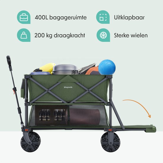 LifeGoods Dubbele Bolderkar - Opvouwbare Bolderwagen - 200KG - 400L - Uitklapbaar - Met Beschermhoes - Groen