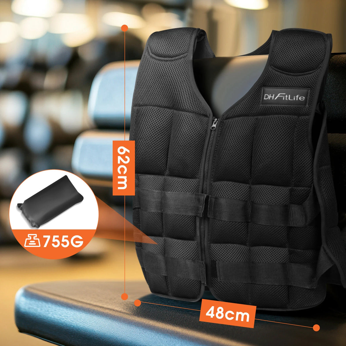 DH FitLife Verstelbaar Gewichtvest - 1 tot 20 kg - 38 Uitneembare Gewichtsblokken - 48 x 62 cm - Zwart
