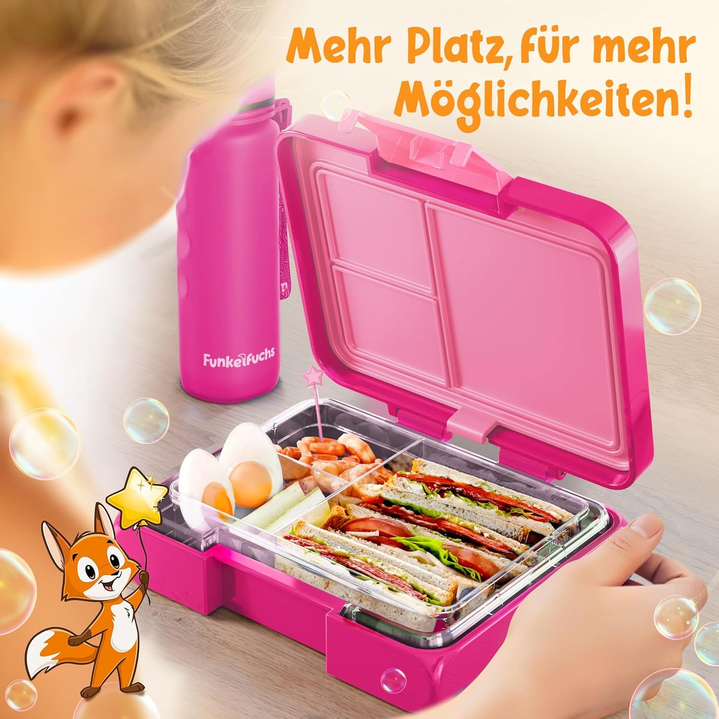 Funkelfuchs® Kinder Lunchbox met vakverdeling – 500 ml - Roze – Lekvrije Bento Snackbox & Broodtrommel – Ideaal voor school, crèche & onderweg
