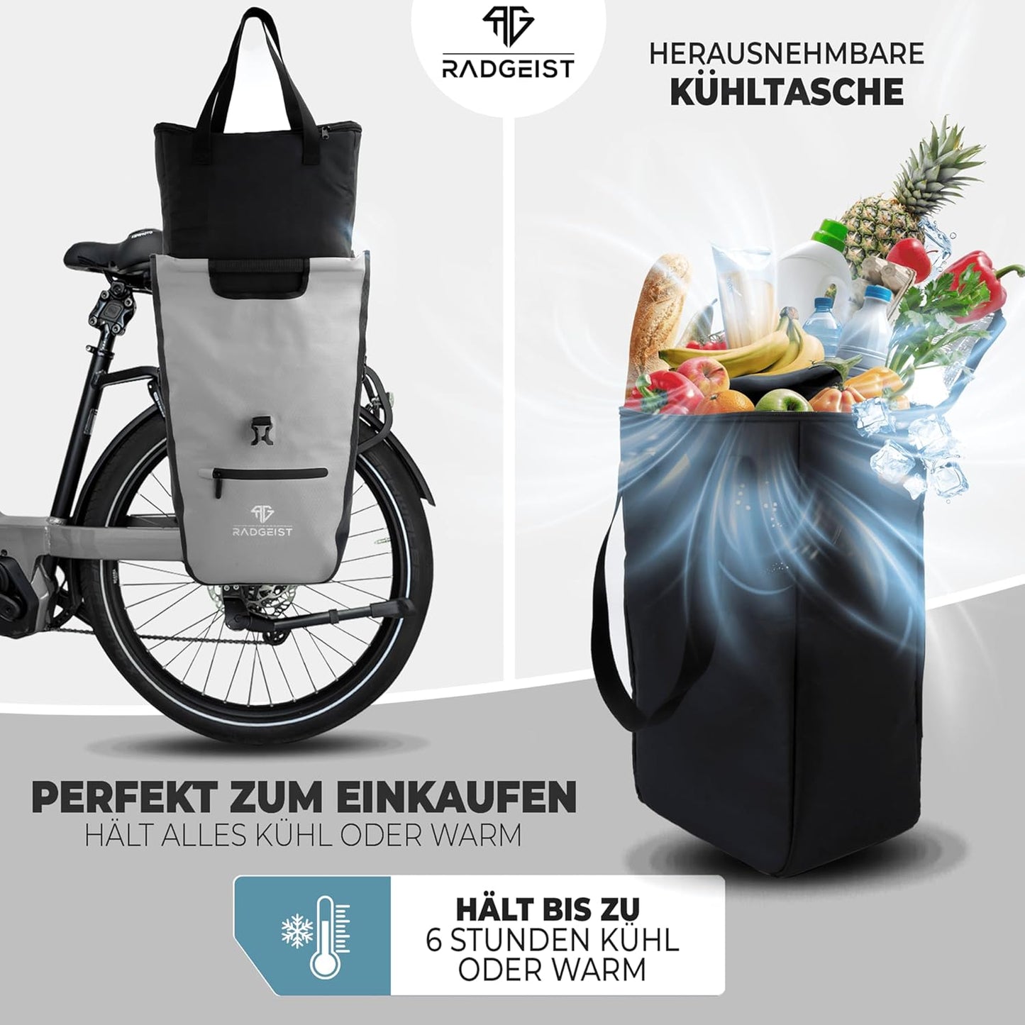 RADGEIST fietstas voor bagagedrager I fietstas shopper met uitneembare koeltas I boodschappentas & boodschappendraagtas 22-28 liter - grijs