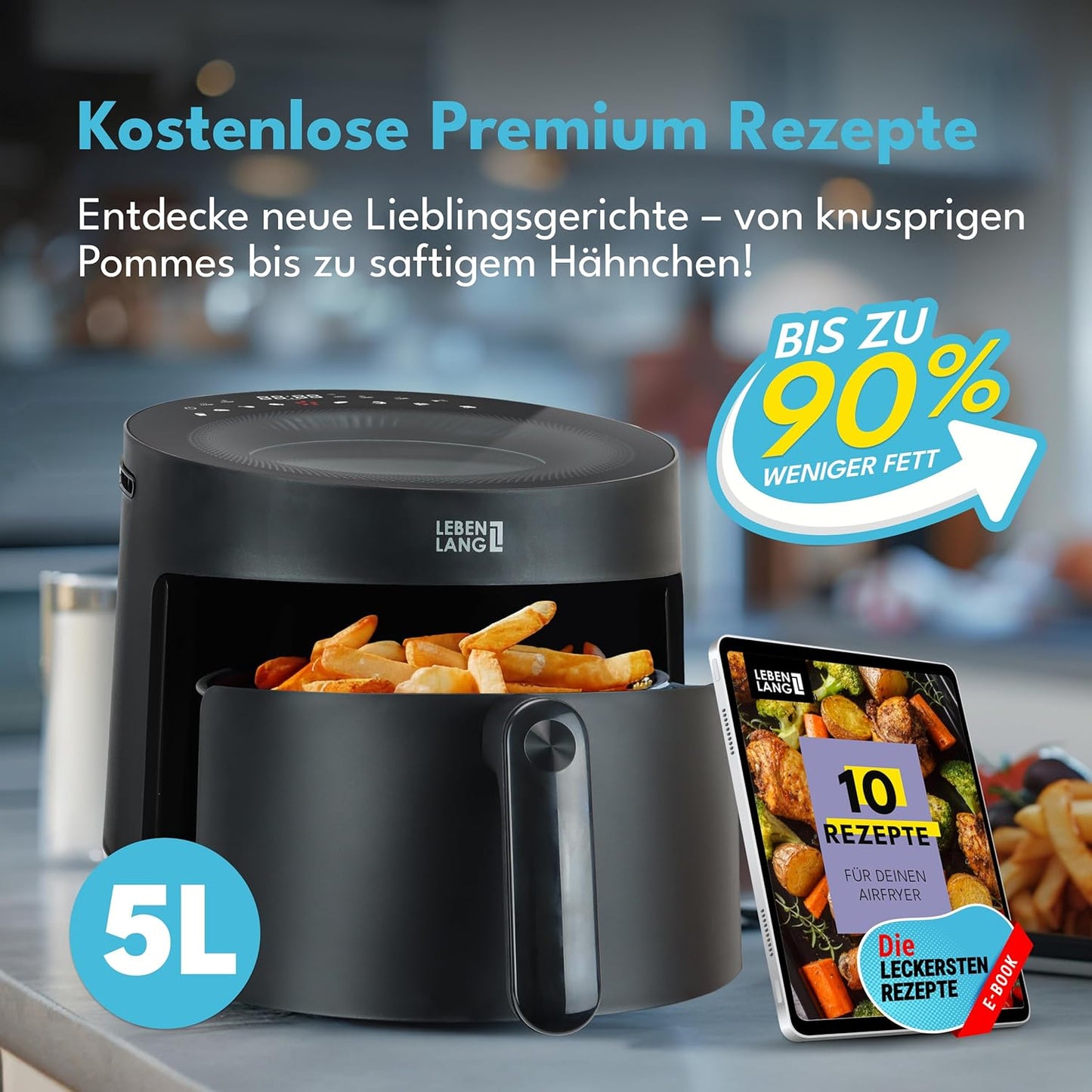 LEBENLANG Airfryer 5L & 1500W - 8 Programma's - Inclusief receptenboek - 45 x 30 x 27 cm - Zwart