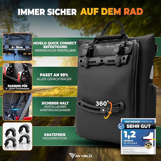 MIVELO – 3-in-1 Rugzak & Schoudertas – Waterdicht – 25 liter – Zwart