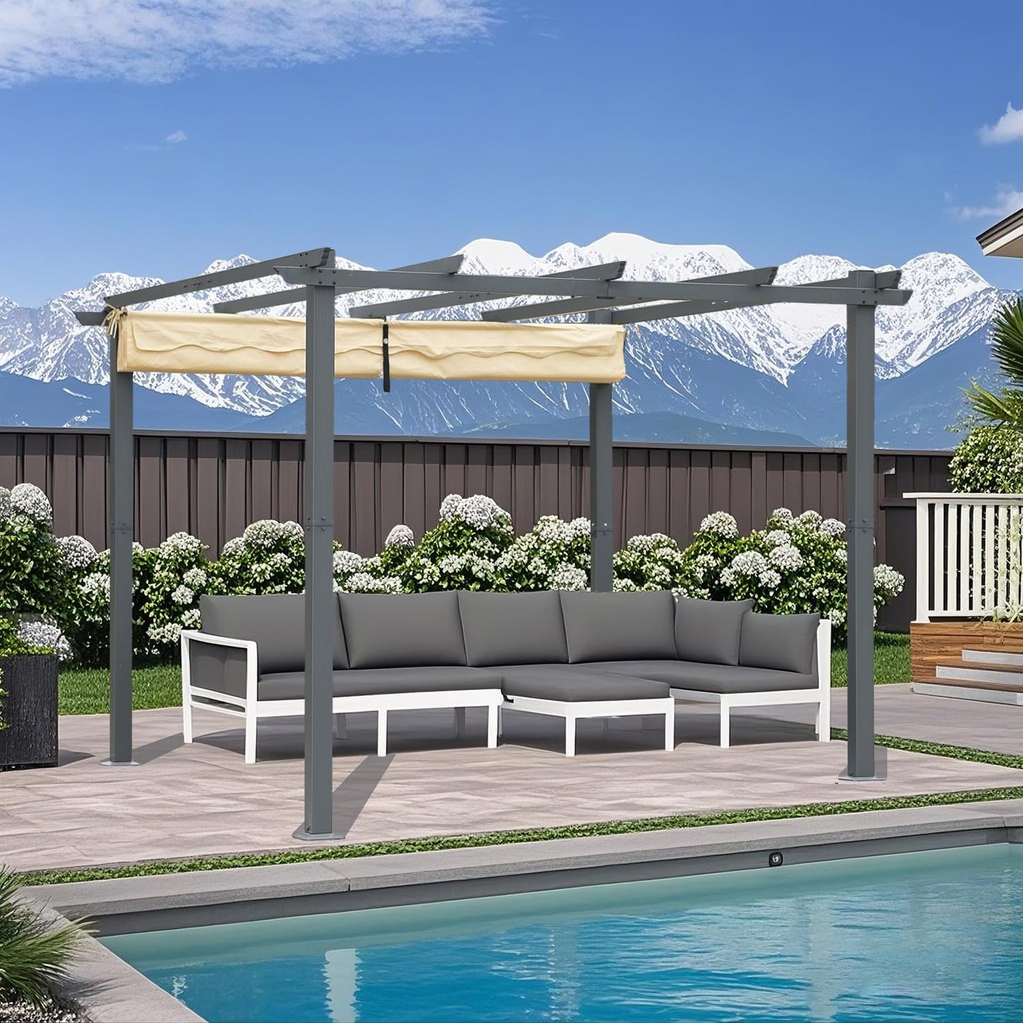 Angel Living Aluminium Pergola - Intrekbaar Dak - Elegant Ontworpen - Paviljoen - Prieel - met Water- en UV-Bestendig Polyesterdoek - Beige - 3 x 3 m