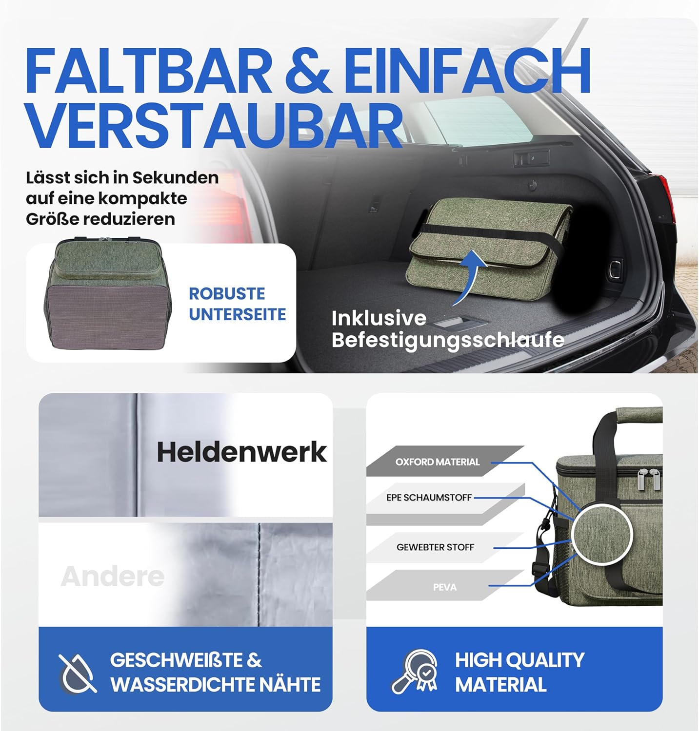HELDENWERK Grote koeltas, opvouwbaar, geïsoleerde koelbox, thermotas, lekvrij en waterdicht, picknicklunchtas, ontbijttas, thermotas, isoleertas - Olijfgroen