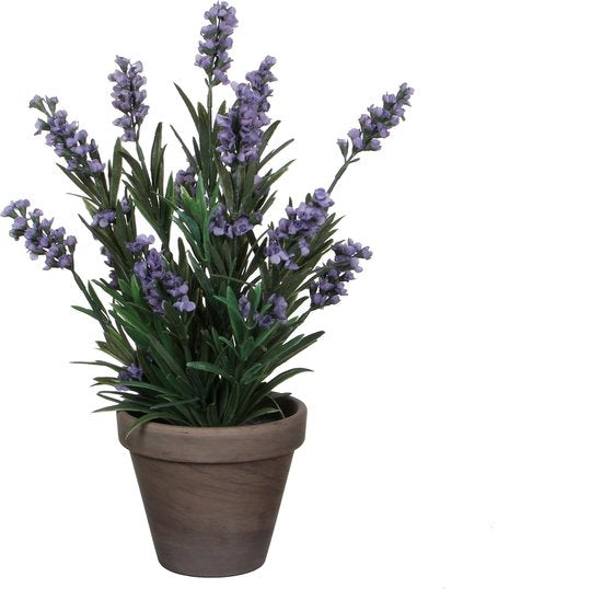 Mica Decorations Kunstplant Lavendula/lavendel - groen/paars - D22 x H33 cm - grijze pot - kamerplant - kunstbloemen