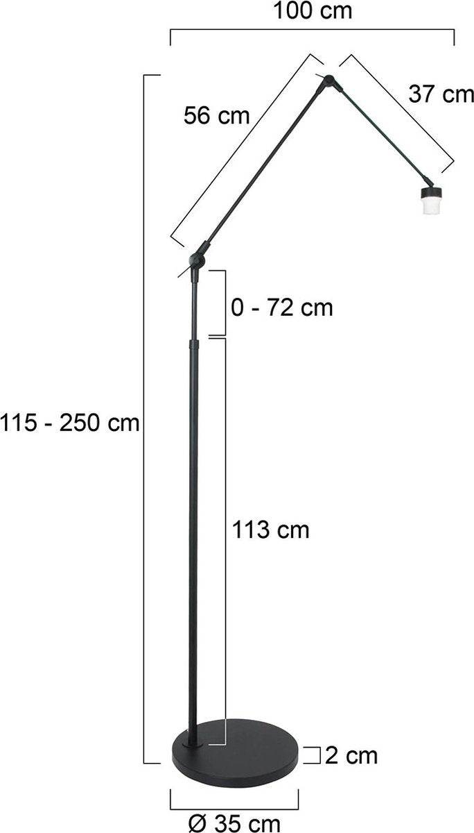 Prestige Chic Moderne Vloerlamp – 1-Lichts – Draaibaar, Kantelbaar & Uitschuifbaar tot 250 cm – E27 – 35x100 cm – Woonkamer / Kantoor – Mat Zwart