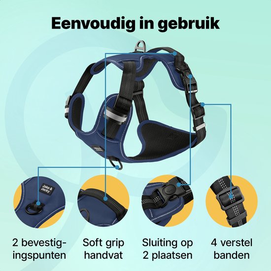 Jake and Jacky Hondentuigje - Anti-Trek Tuig - Hondenharnas - Y Tuig Hond - Reflecterend - Blauw - Maat XL