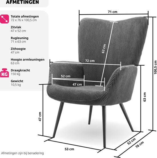 tectake® Oorfauteuil in Scandinavische stijl - Corduroy Hygge - Stoel voor woonkamer, slaapkamer - Loungefauteuil - Zwart metalen poten - Draagvermogen tot 150 kg - Grijs
