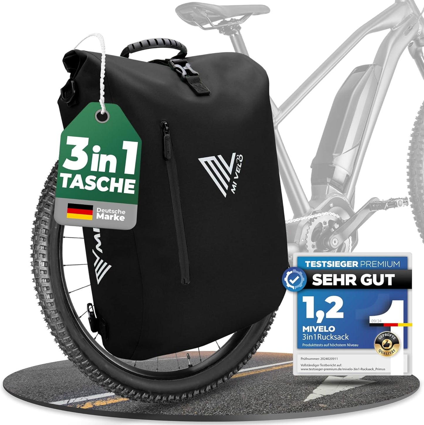 MIVELO 3-in-1 Fietstas – Waterdicht – Rugzak & Schoudertas – Incl. Laptopvak – 20L – Zwart