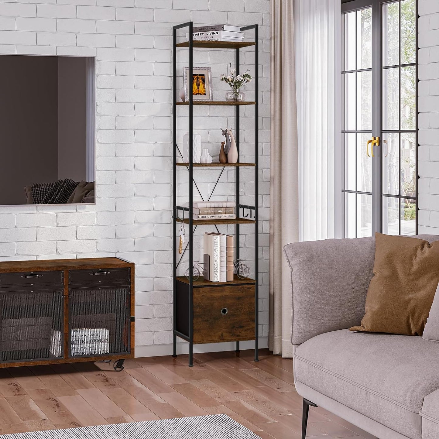 Woltu Boekenkast met 5 Planken en 1 Lade - Metaal/Rustiek Bruin en Zwart - 40 x 30 x 187 cm