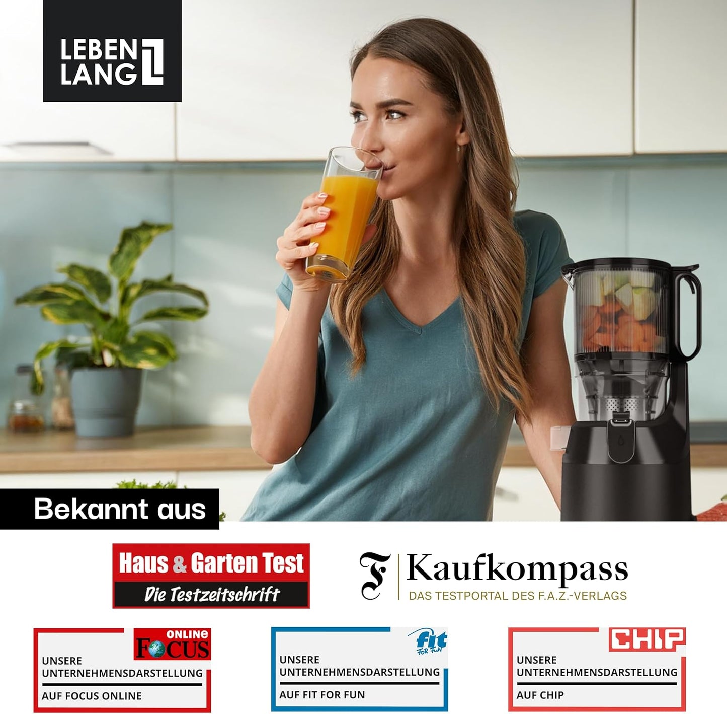 Lebenlang Slow Juicer sapcentrifuge - Incl. 2 Sapbekers - 250 W - BPA-vrij - Zwart - 38 x 34 x 20 cm