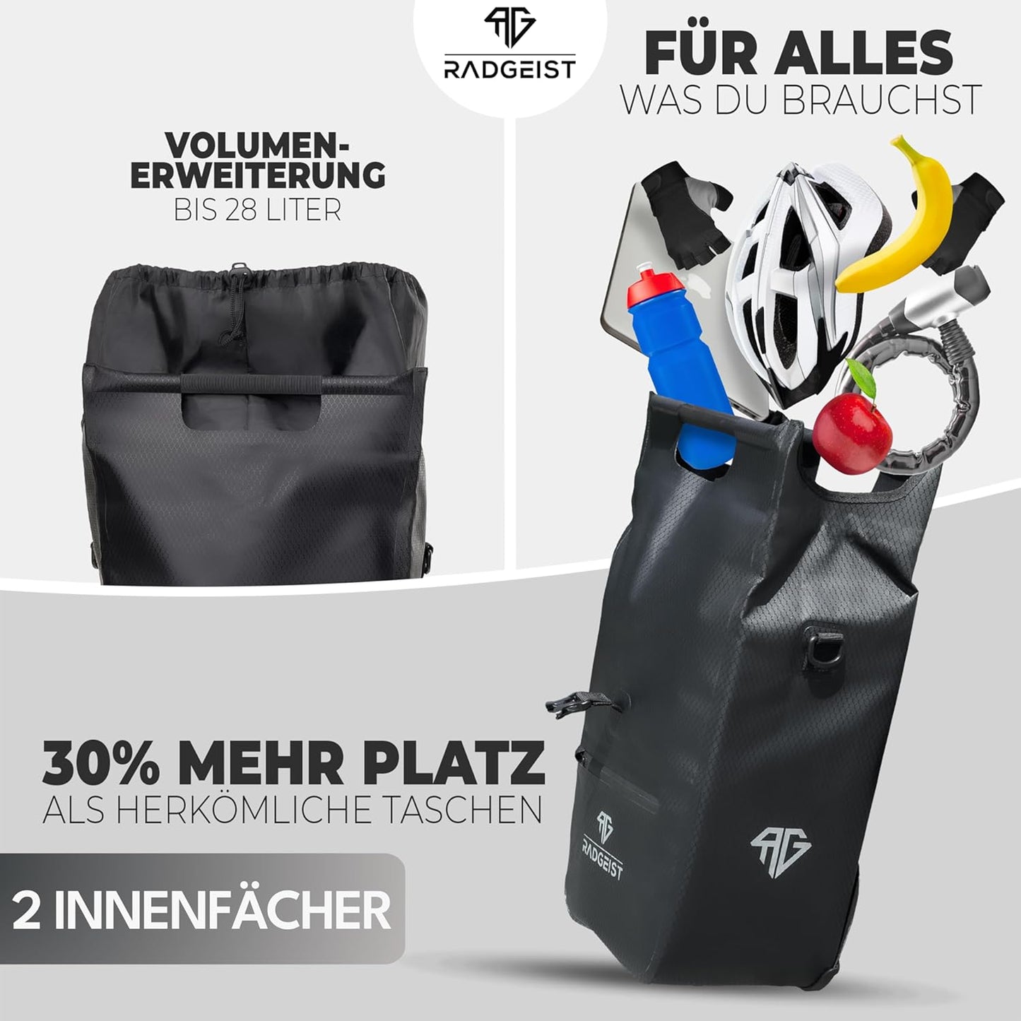RADGEIST fietstas voor bagagedrager I fietstas shopper met uitneembare koeltas I boodschappentas & boodschappendraagtas 22-28 liter - zwart