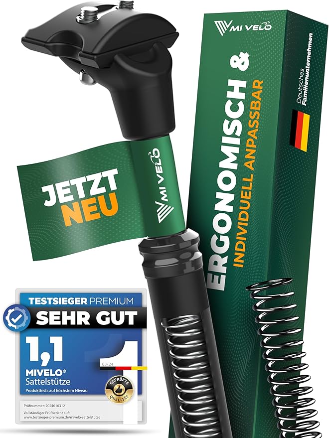 MIVELO Geveerde Zadelpen – Verend & Instelbaar – 40 mm Veerweg – Max. 120 kg – 27.2 mm – Zwart