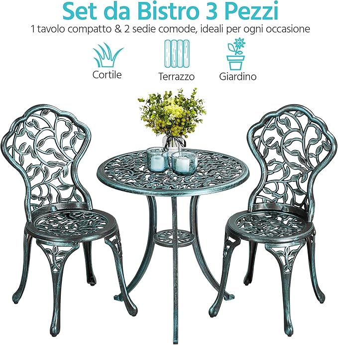 Yaheetech Bistroset 3-delig – Groen – Metalen Tuinset met 2 Stoelen en Tafel