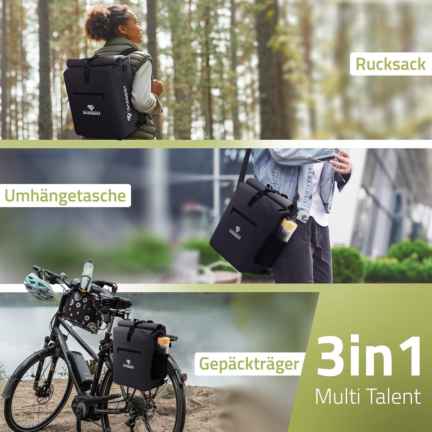 RADGEIST 3-in-1 fietstas voor bagagedrager, fietsrugzak, bagagedragertas, schoudertas, met laptopvak, waterdicht, 25 liter, zwart