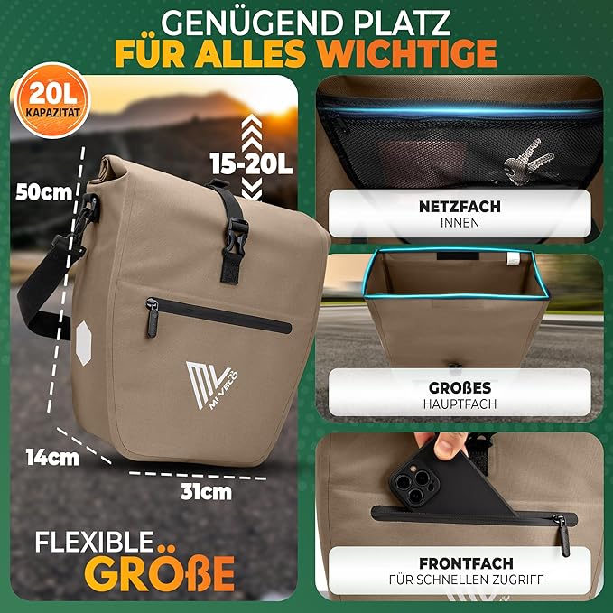 MIVELO Fietstas – Waterdicht & Incl. Schouderriem – 20 liter – Sandbeige