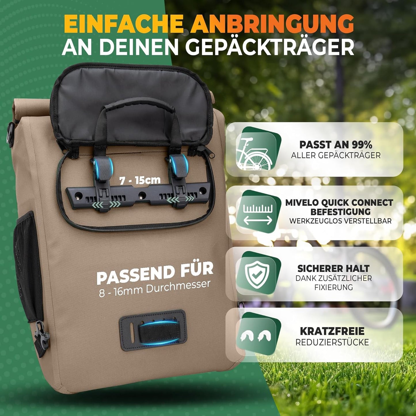 MIVELO 3-in-1 Waterdichte Fietstas met Laptopvak en Slot - PVC-vrij - Zandbeige - 20 L