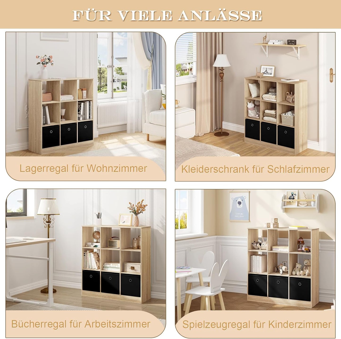 Woltu Boekenkast 9 Vakken met 3 Stoffen Lades - Melaminehout Licht Eiken - 80x30x86,5 cm