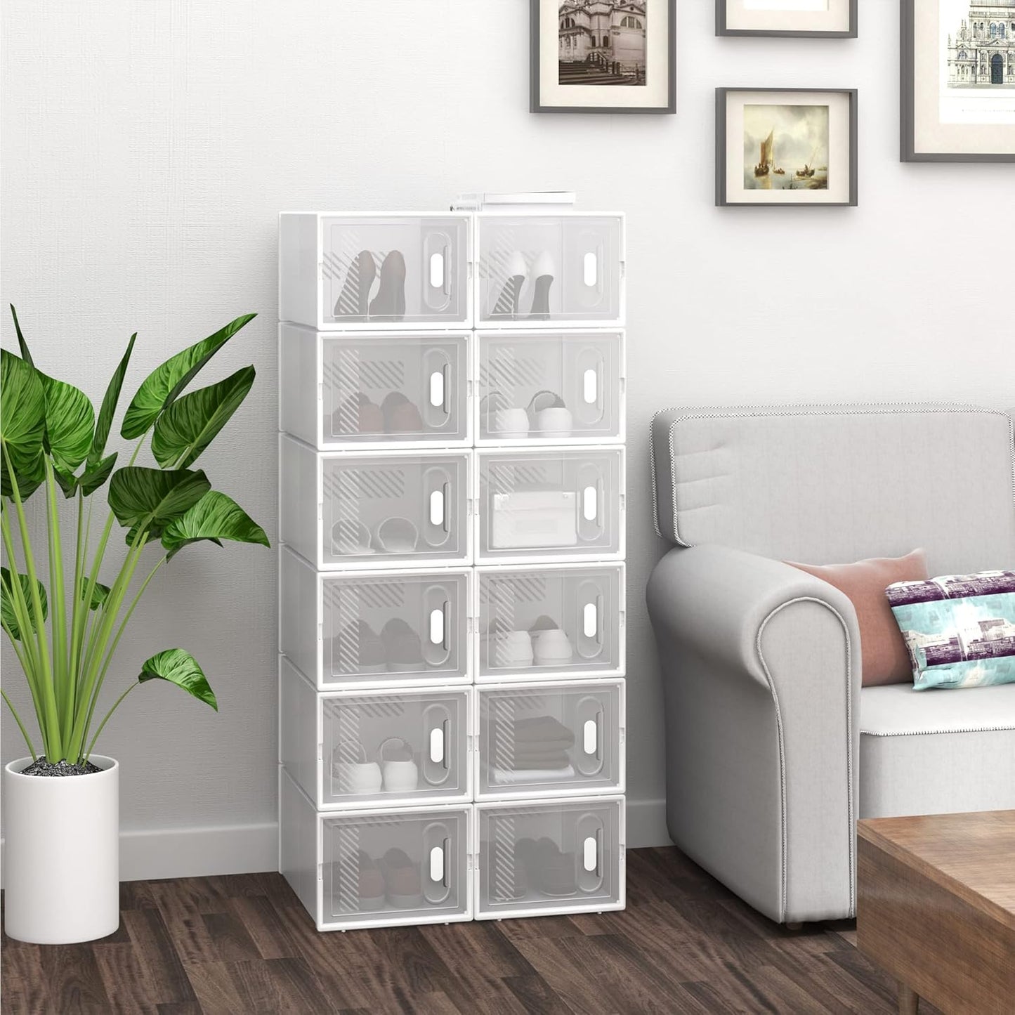 Woltu Schoenendozen Transparant Wit - 12 Stuks - Stapelbaar & Opvouwbaar - Met Voorklep - 25x19x35 cm