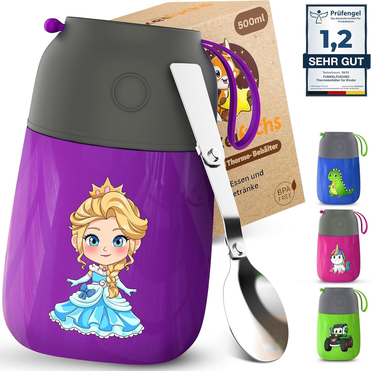Funkelfuchs® thermosbeker voor kindervoeding - 500ml, paarse prinses - 100% lekvrij - roestvrijstalen warmhoudbeker - thermische beker - thermische lunchbox - babyvoeding