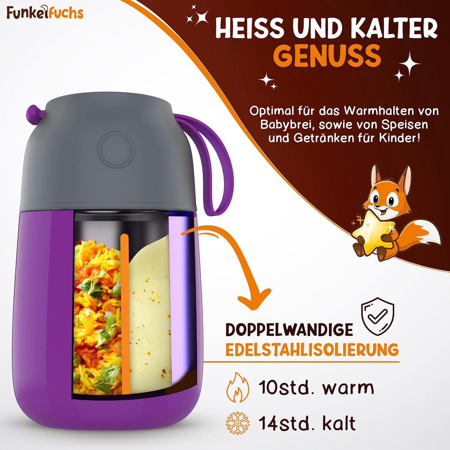 Funkelfuchs® thermosbeker voor kindervoeding - 500ml, paarse prinses - 100% lekvrij - roestvrijstalen warmhoudbeker - thermische beker - thermische lunchbox - babyvoeding