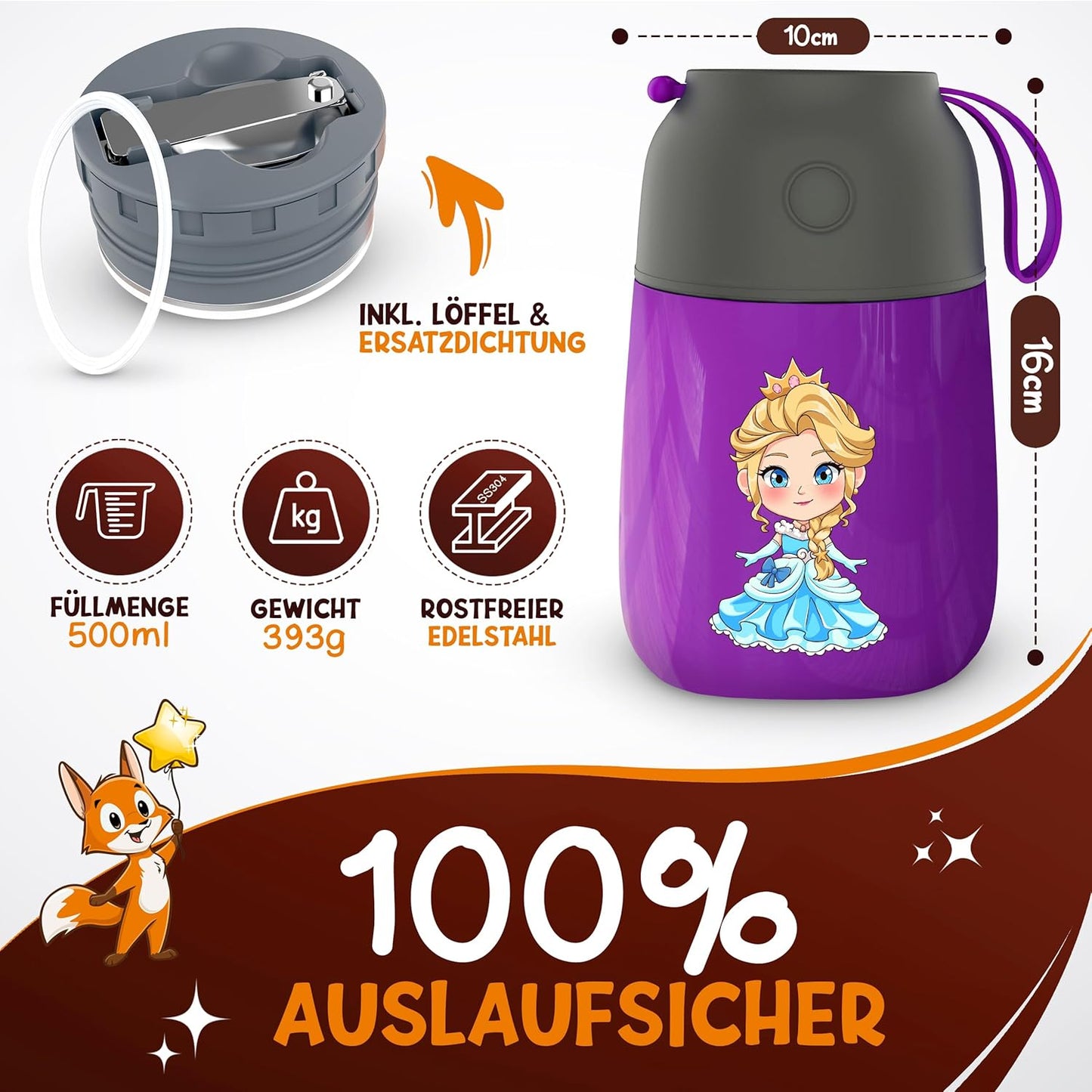 Funkelfuchs® thermosbeker voor kindervoeding - 500ml, paarse prinses - 100% lekvrij - roestvrijstalen warmhoudbeker - thermische beker - thermische lunchbox - babyvoeding