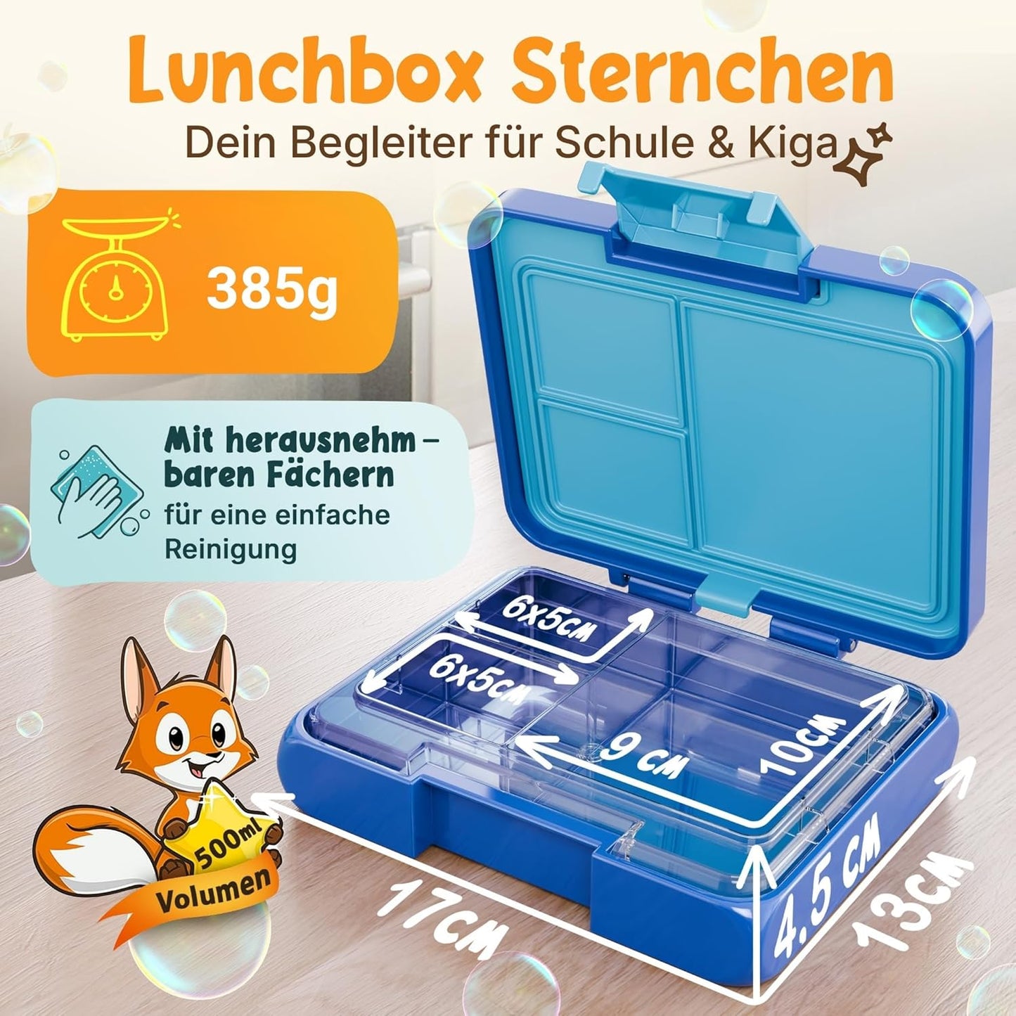 Funkelfuchs® - Lunchbox kinderen met vakjes - 500ml, blauw - Lunchbox ster, klein - Snackbox, snackbox, broodtrommel, maaltijdbox, bentobox kinderen - voor school, kleuterschool en kinderdagverblijf