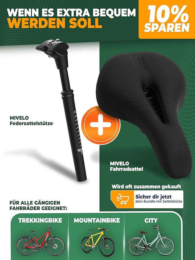 MIVELO Geveerde Zadelpen – Verend & Instelbaar – 40 mm Veerweg – Max. 120 kg – 27.2 mm – Zwart