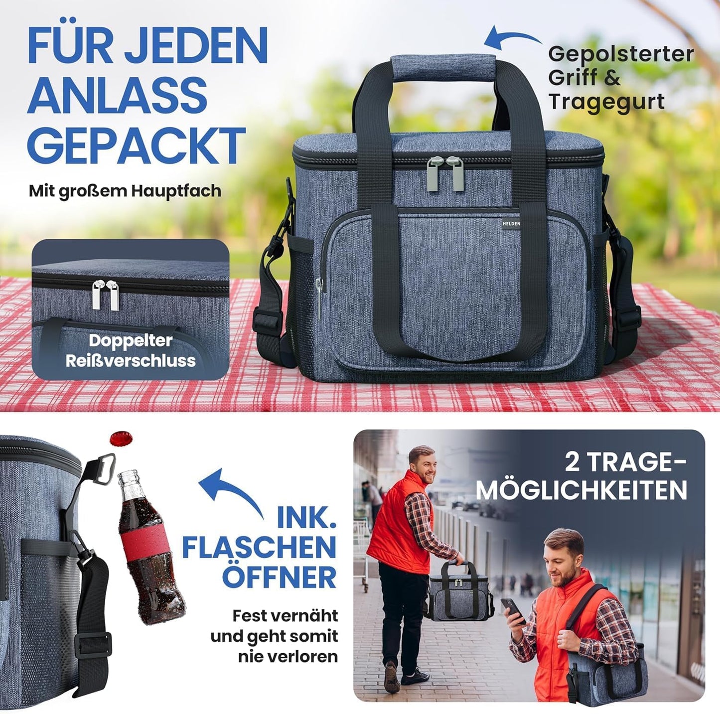 HELDENWERK Koeltas Klein & Opvouwbaar – 10 Liter Thermische Lunchtas – Geïsoleerd, Waterdicht & Lekvrij – Picknicktas, Koeltas, Brunch- en Lunchtas – Navy Blue
