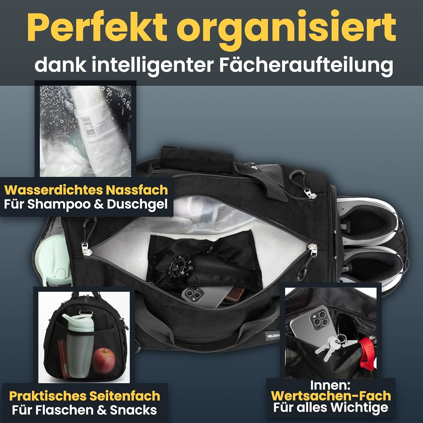 Heldenwerk Sporttas met schoenenvak en nat vak, trainingstas voor dames en heren, ideaal als reistas, fitnesstas, trainingstas of sporttas, zwart, Sporttas met schouderriem