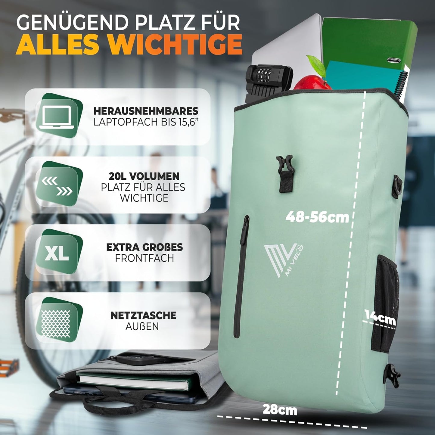MIVELO - 3-in-1 Waterdichte Fietstas met Laptopvak - PVC-vrij - Mint - 20L
