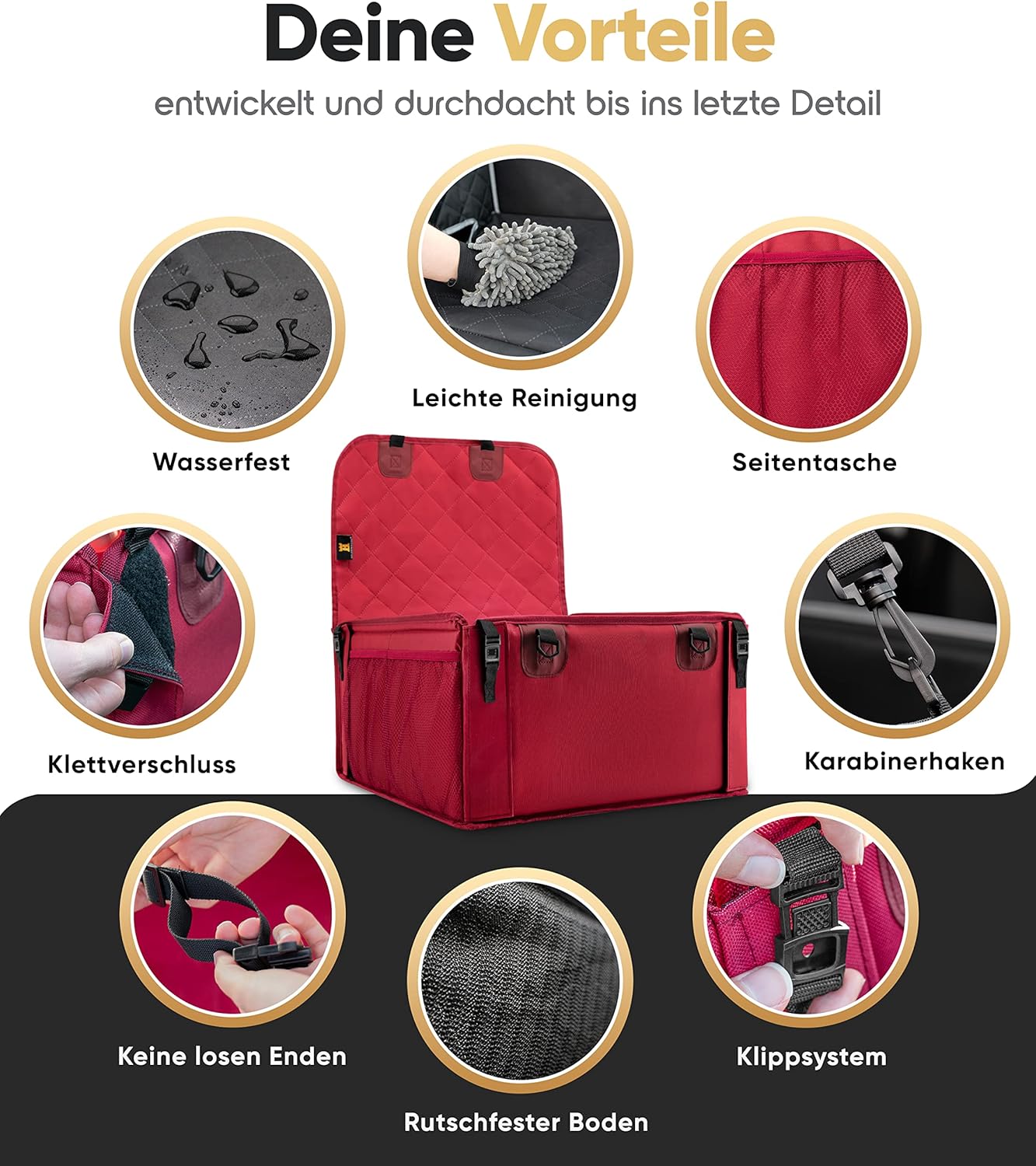 HELDENWERK Hondenautostoel – Extra Stevig & Versterkt – 5 Bevestigingsriemen – Waterdicht – Voor- en Achterstoel – Standaardmaat - Rood