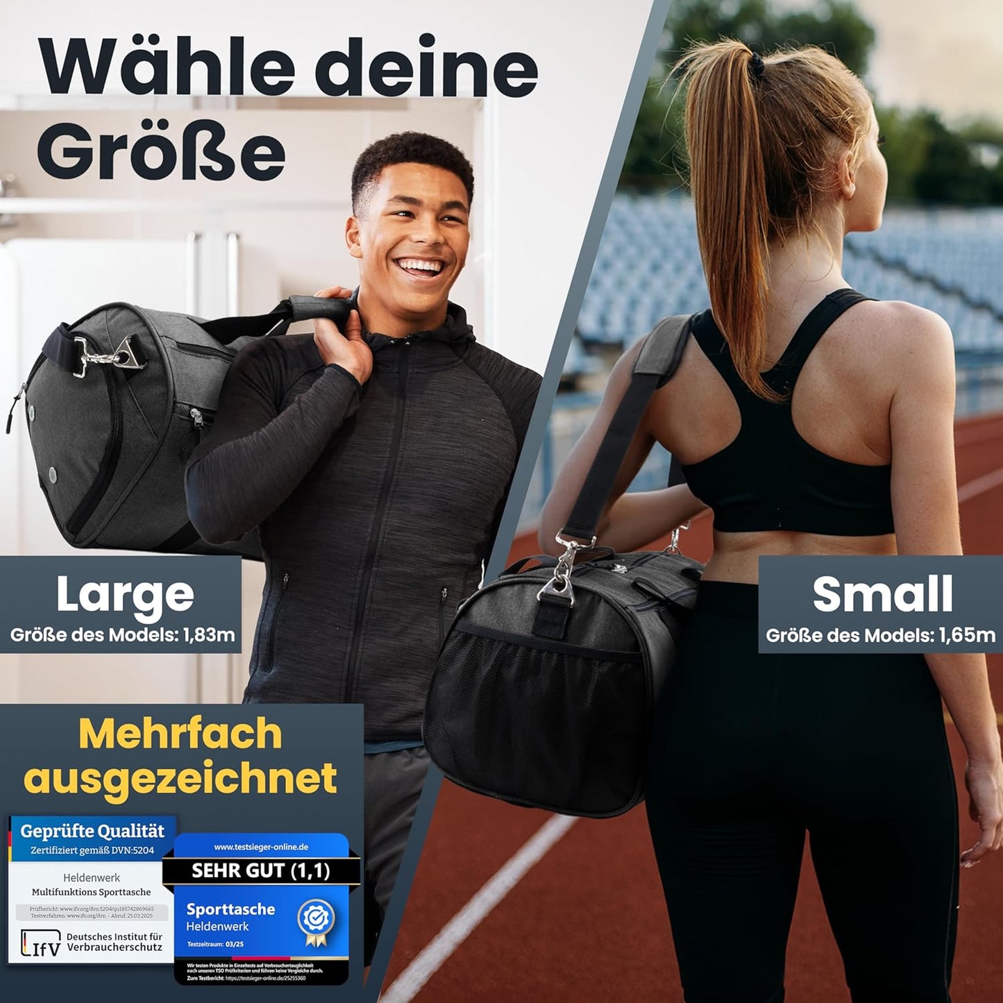 Heldenwerk Sporttas met schoenenvak en nat vak, trainingstas voor dames en heren, ideaal als reistas, fitnesstas, trainingstas of sporttas, grijs, Sporttas met schouderriem