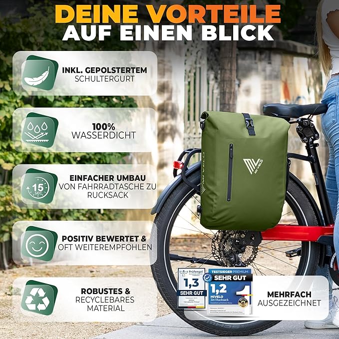 MIVELO – 3-in-1 Waterdichte Fietstas met Laptopvak – Olijfgroen – 20L