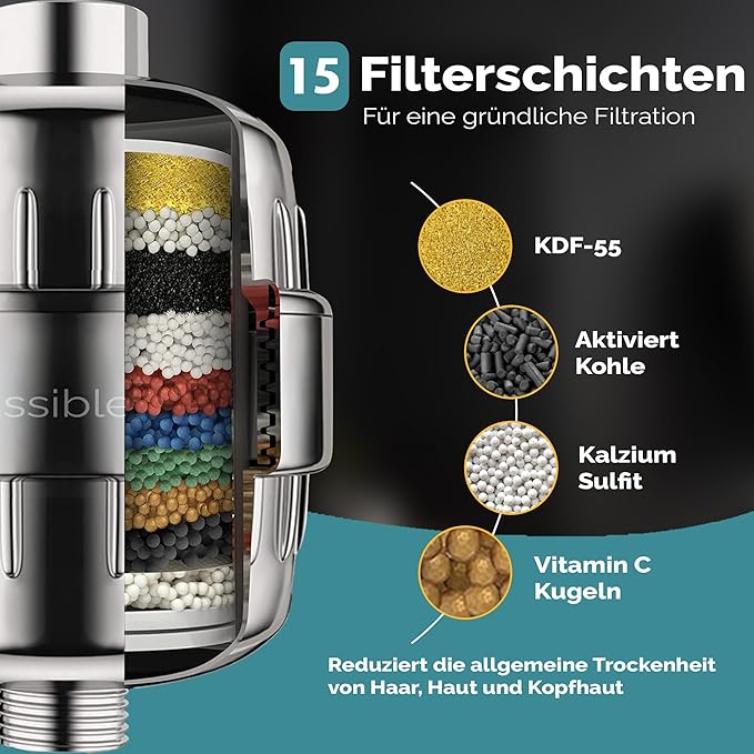 Essible 15-traps douchefilter - met vitamine C en E - roestvrijstalen waterfilter voor douchekop - tegen kalk, chloor en fluoride**