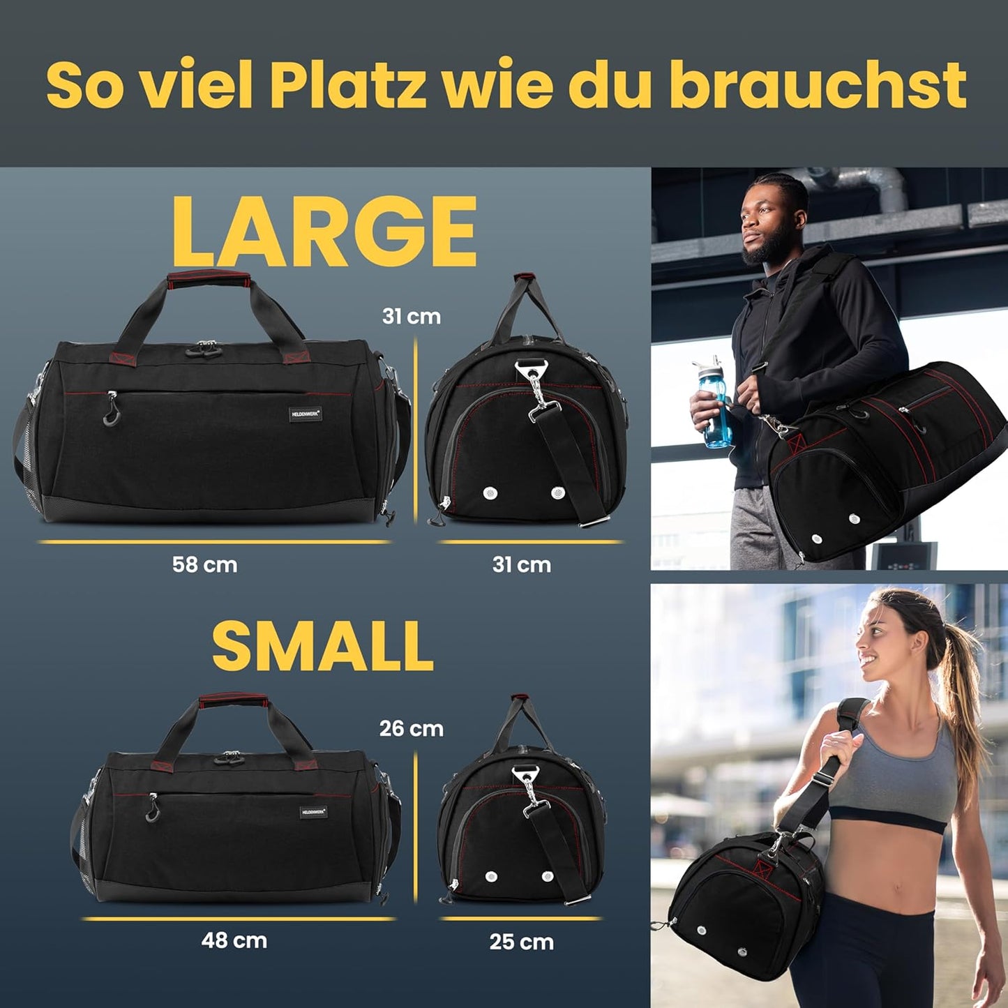 HELDENWERK Sporttas 50L – Met Schoenenvak & Waterdicht Natvak – Grote Fitness- & Reistas – Unisex – Extra Robuust - Zwart Met Rode Ritsen