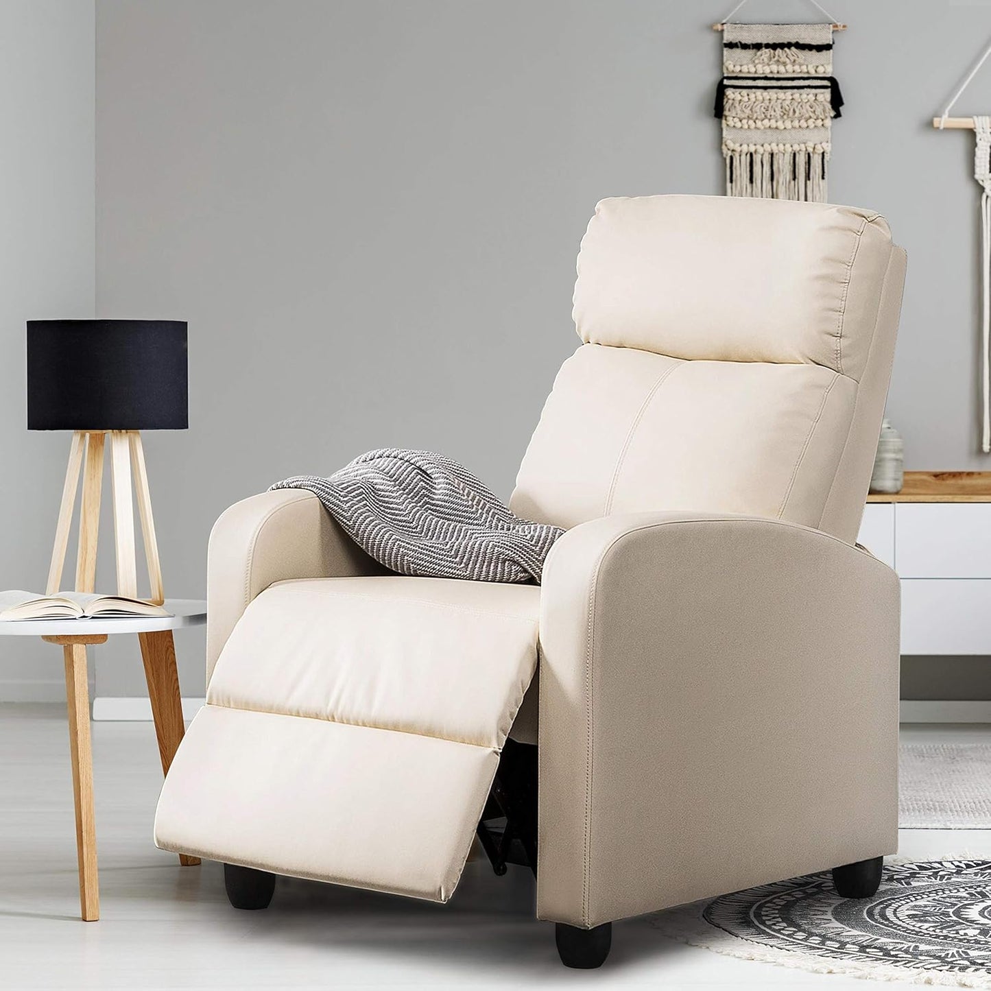 Yaheetech Relaxstoel met Ligfunctie - Verstelbare Fauteuil van Kunstleer - Pocketveren - Beige - 3 Zit- en Ligstanden