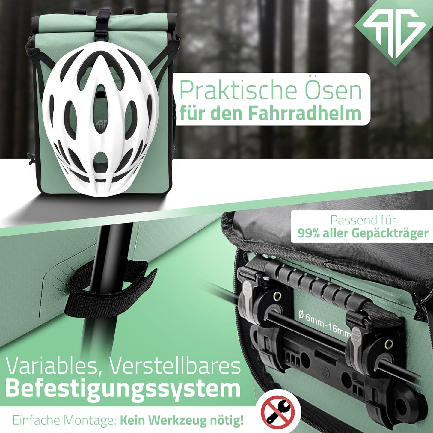 RADGEIST 3in1 fietstas voor bagagedrager - fietsrugzak - draagtas - schoudertas - met laptopvak - waterdicht - 25L - Mint